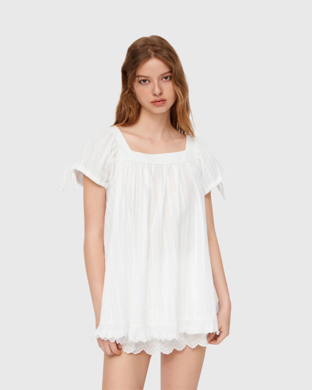 Square Neck Ruffle Knotted Short Sleeve Blouse
