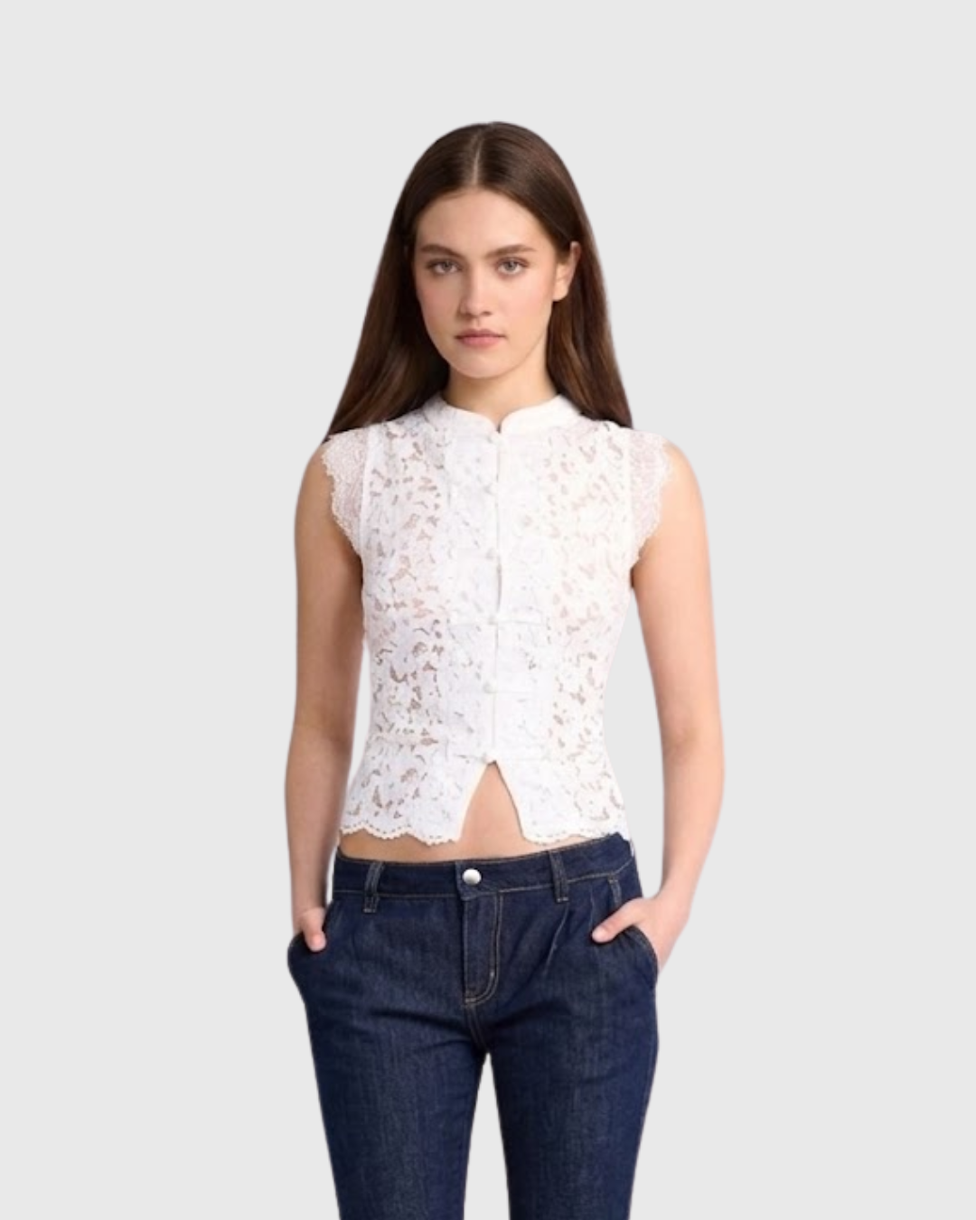 Mandarin Collar Guipure Split Tank Top