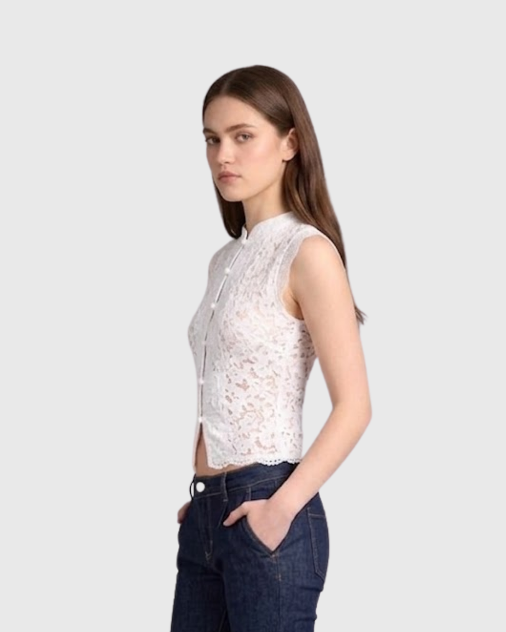 Mandarin Collar Guipure Split Tank Top