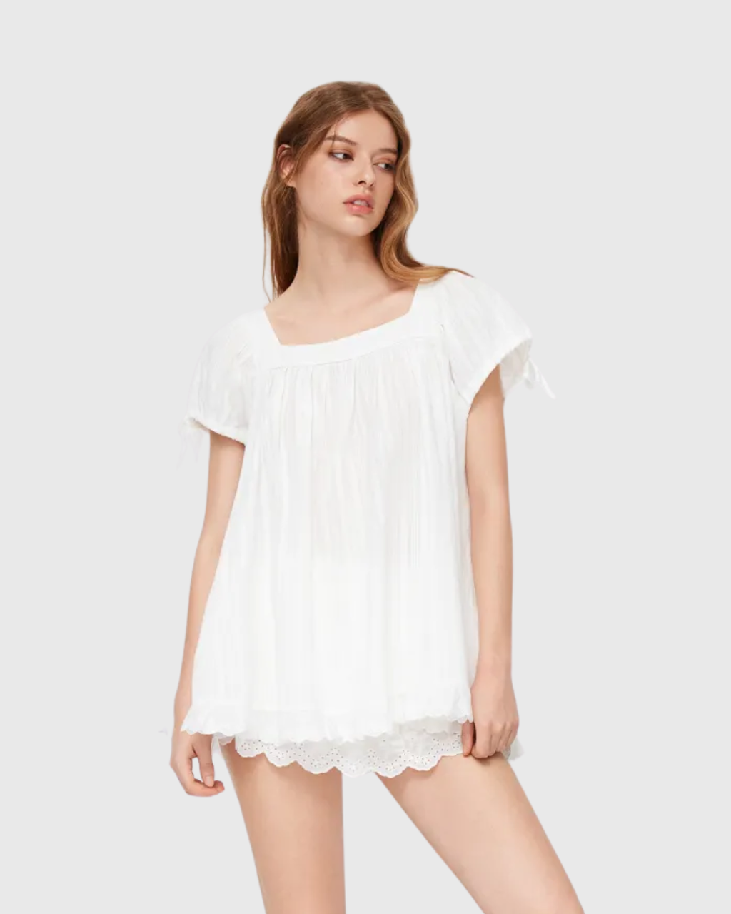 Square Neck Ruffle Knotted Short Sleeve Blouse