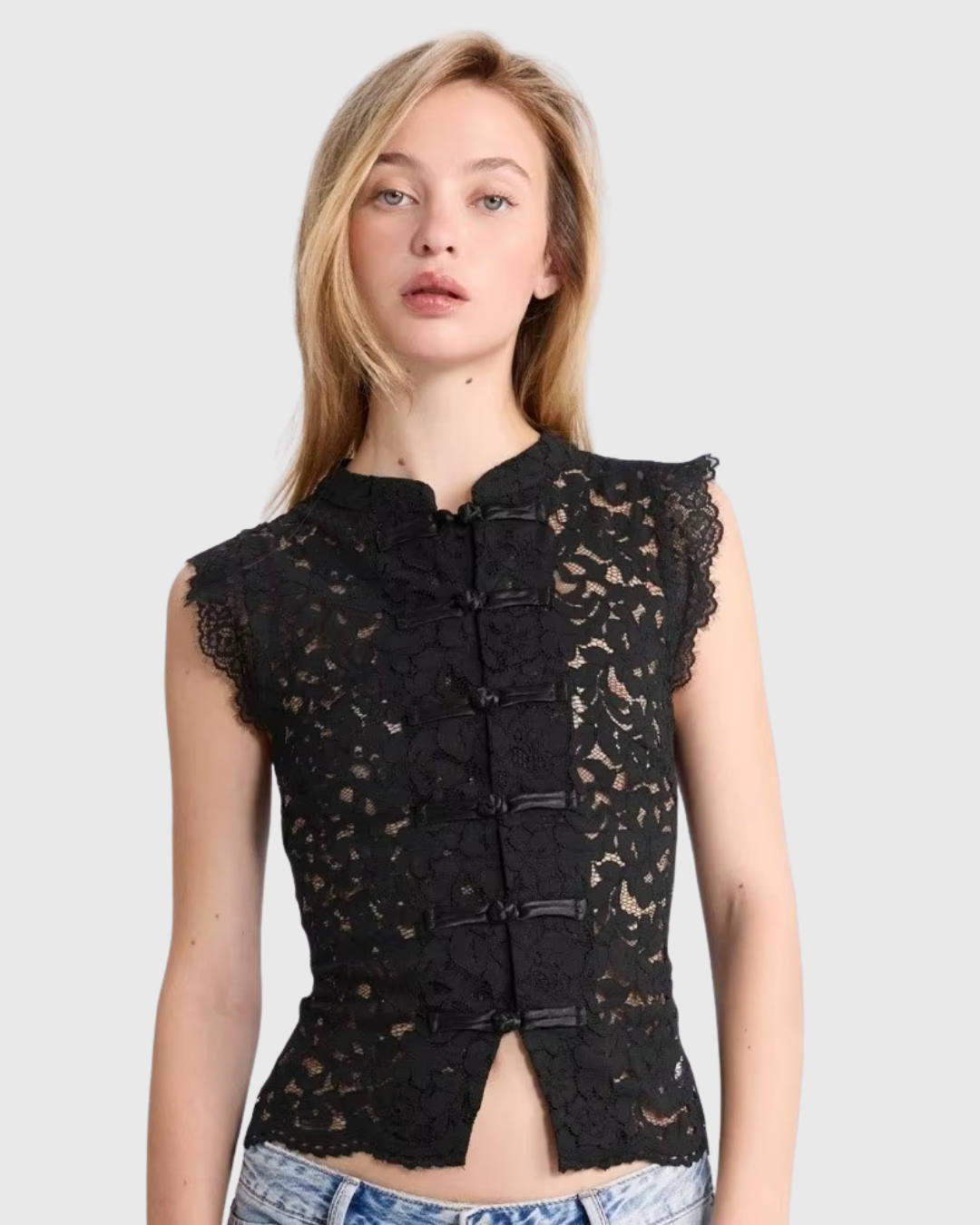 Mandarin Collar Guipure Split Tank Top