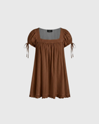 Square Neck Ruffle Knotted Short Sleeve Blouse